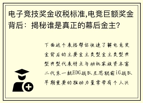 电子竞技奖金收税标准,电竞巨额奖金背后：揭秘谁是真正的幕后金主？